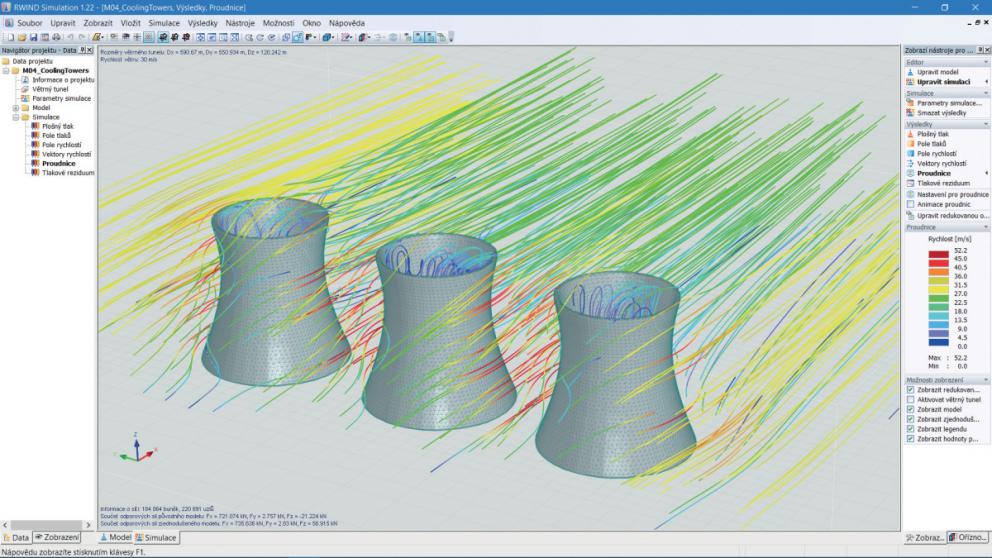 Ukázka výsledku simulace – zobrazení proudnic na 3D modelu chladicích věží