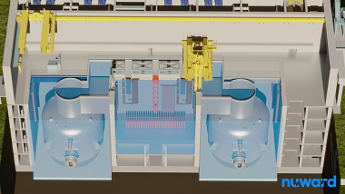 Vizualizace dvojbloku - každý reaktor je ve vodním bazénu 25 x 25 x 25 metrů, polopodzemní provedení